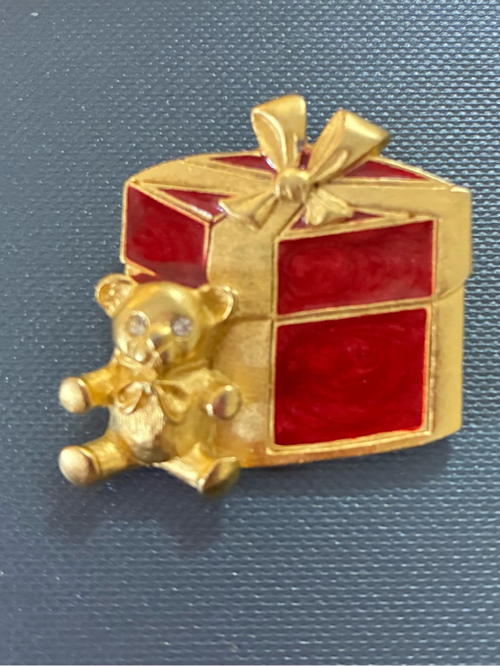 EUC Gold Tone Teddy Bear & Red Gift Box Brooch